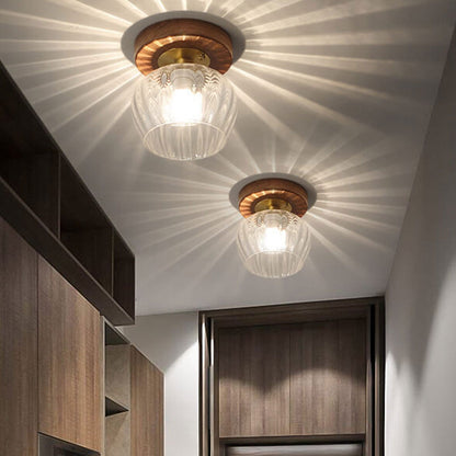 Modern Dome Glass Wooden Base 1-light Semi-flush Mount Ceiling Light