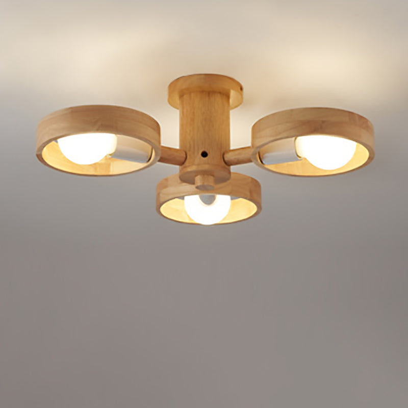 Contemporary Nordic Round Rotatable Rubber Wood 3/5 Light Semi-flush Mount Ceiling Light for Living Room