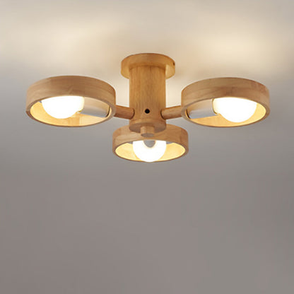 Contemporary Nordic Round Rotatable Rubber Wood 3/5 Light Semi-flush Mount Ceiling Light for Living Room