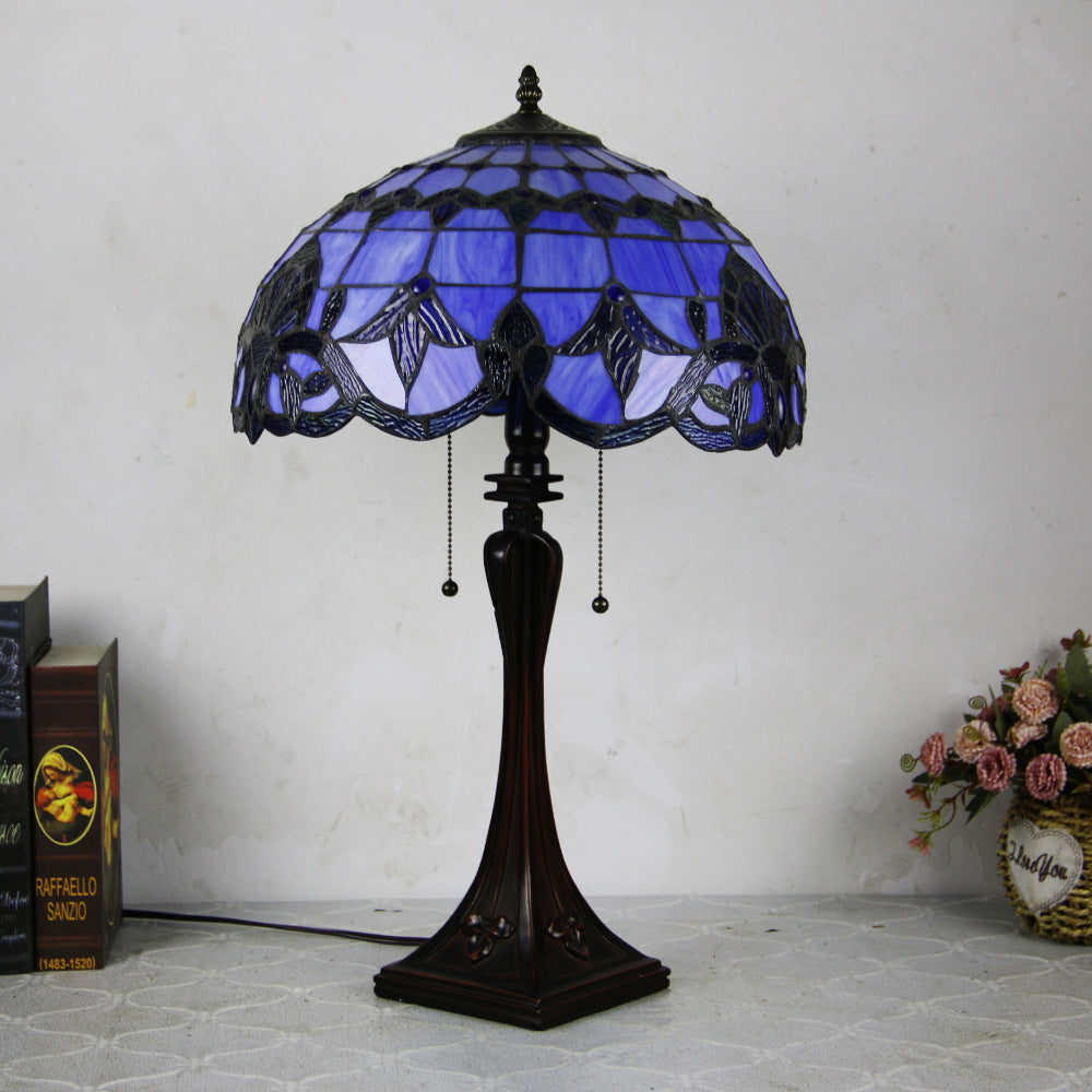 Tiffany Mediterranean Stained Glass Cone Pull Cord 2-Light Table Lamp Lumendat