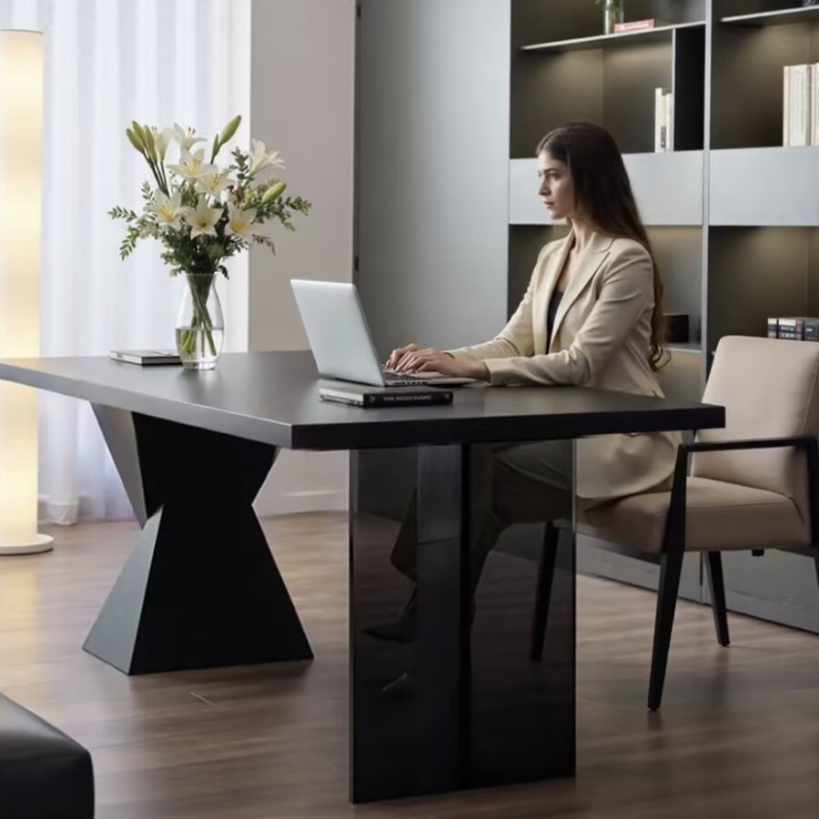 Modern Minimalist Oak & Acrylic Rectangular Desk With Wireless Charging And Outlet For Bedroom & Home Office Lumendat
