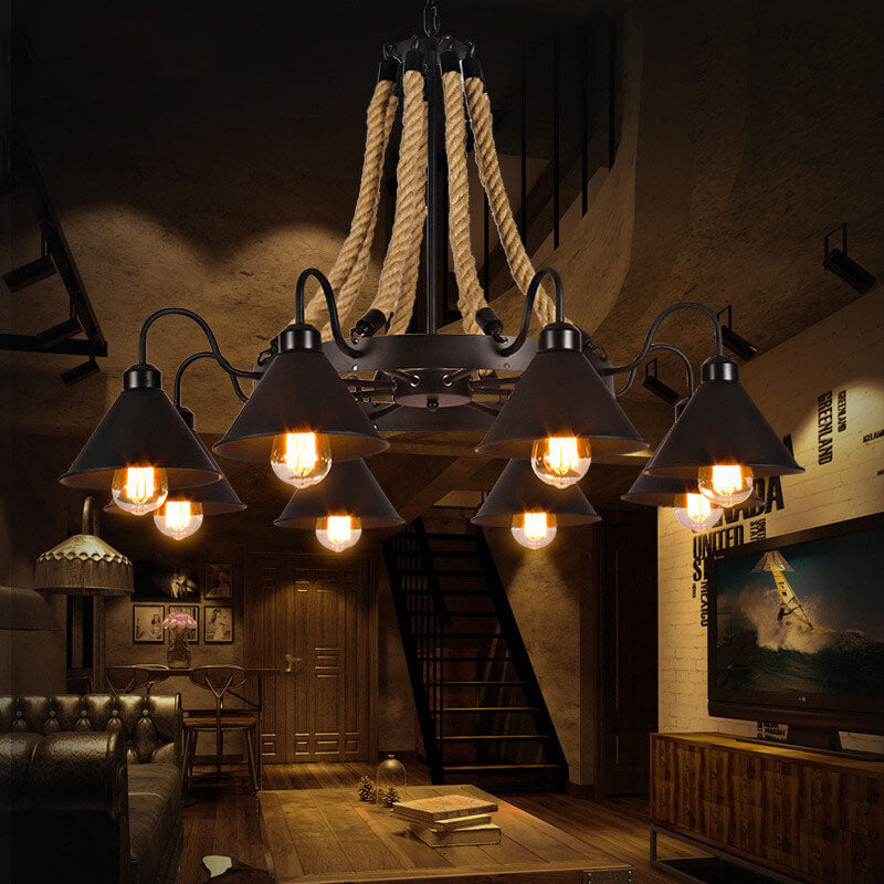 Industrial Rope 6/8/10-light Metal Cone Shade Chandeliers BulbSquare