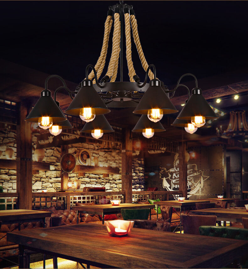 Industrial Rope 6/8/10-light Metal Cone Shade Chandeliers