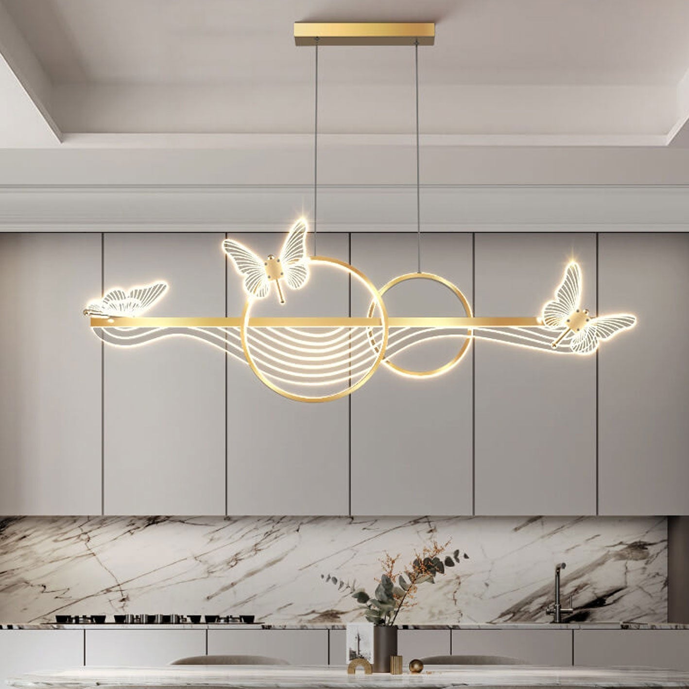 Nordic Light Luxury Butterfly Round Linear Island Light LED Chandelier BulbSquare