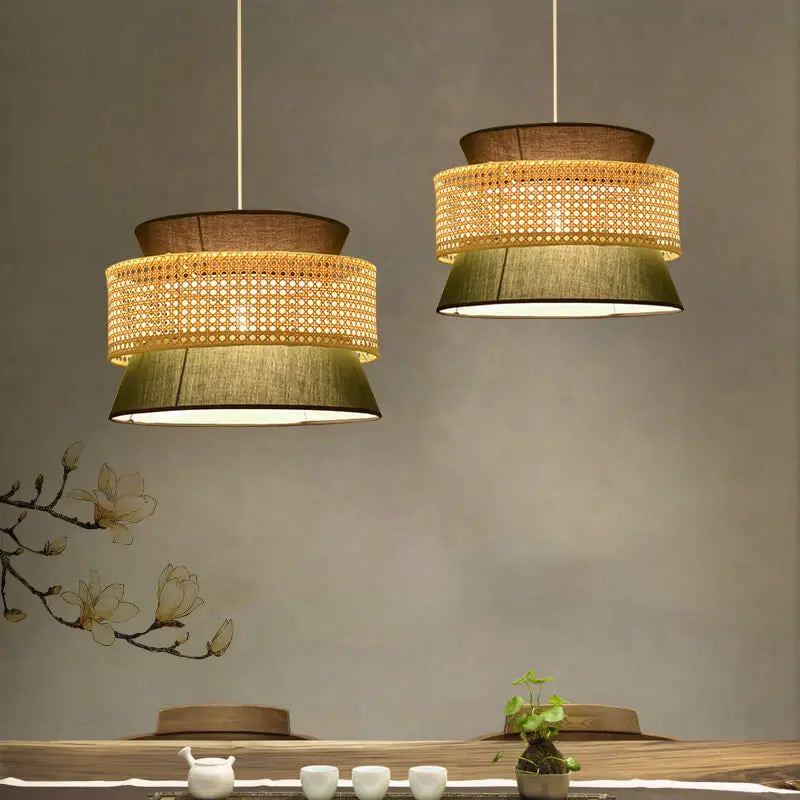 Modern Rattan Japanese Drum Shape 1-light Pendant Light BulbSquare