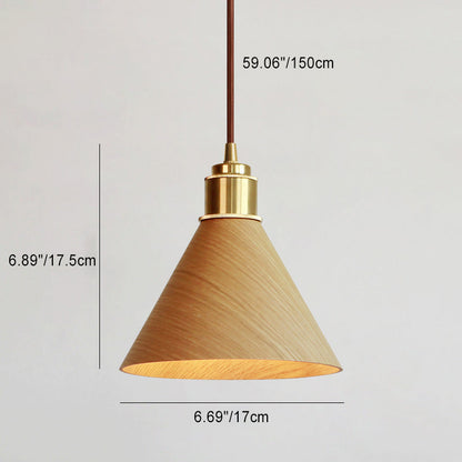 Modern Minimalist Solid Wood Cone Copper 1-Light Pendant Light For Living Room