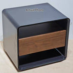 Modern Minimalist Black Lacquer Bedside Table: Wood Veneer Single Drawer - Elegant Open Cubby Storage Nightstand For Bedroom Lumendat