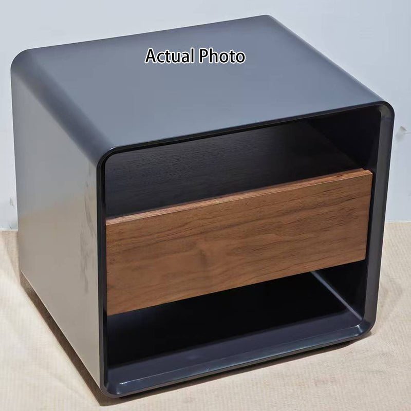 Modern Minimalist Black Lacquer Bedside Table: Wood Veneer Single Drawer - Elegant Open Cubby Storage Nightstand For Bedroom Lumendat