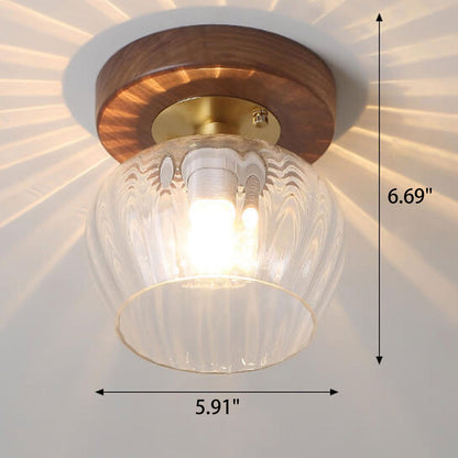 Modern Dome Glass Wooden Base 1-light Semi-flush Mount Ceiling Light