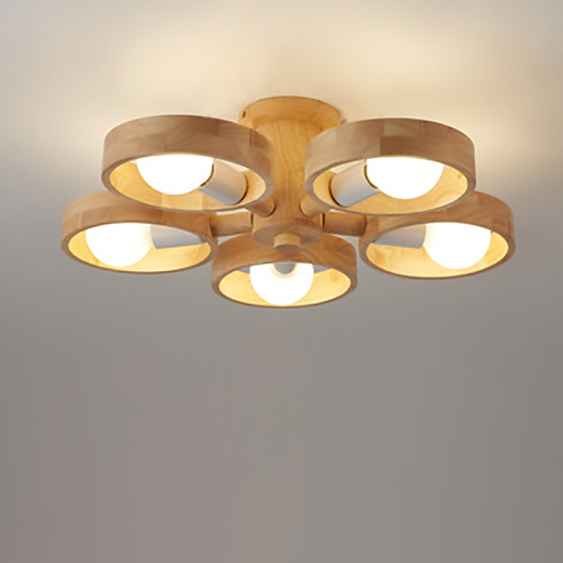 Contemporary Nordic Round Rotatable Rubber Wood 3/5 Light Semi-flush Mount Ceiling Light for Living Room