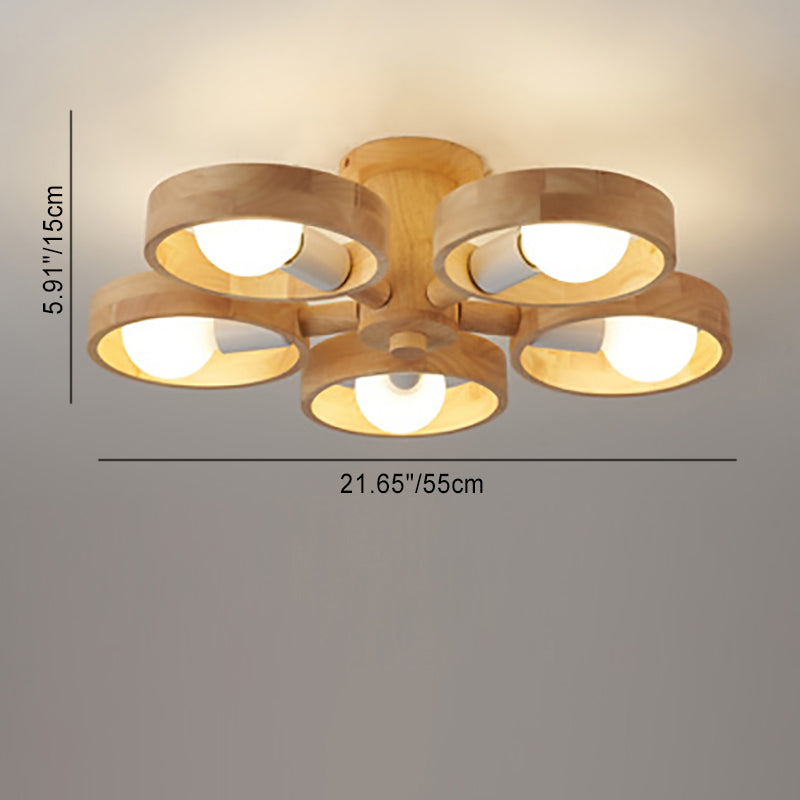 Contemporary Nordic Round Rotatable Rubber Wood 3/5 Light Semi-flush Mount Ceiling Light for Living Room