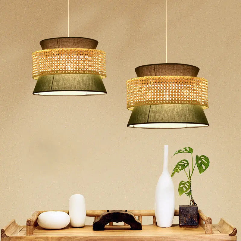 Modern Rattan Japanese Drum Shape 1-light Pendant Light BulbSquare