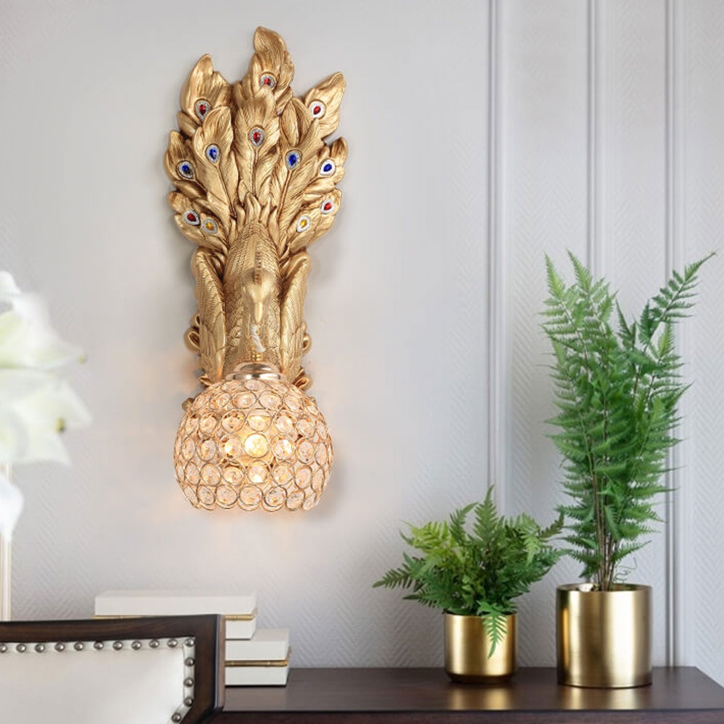 European Creative Peacock Resin Glass Shade 1-Light Wall Sconce Lamp Lumendat