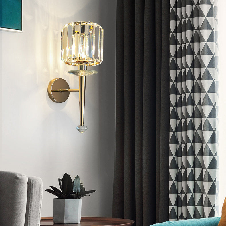 Modern Luxury Metal Iron Stainless Steel Crystal Ball Cylinder 1-Light Wall Sconce Lamp For Bedside Lumendat
