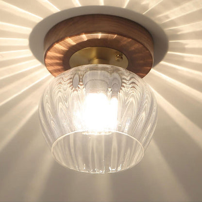 Modern Dome Glass Wooden Base 1-light Semi-flush Mount Ceiling Light