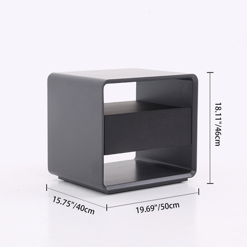 Modern Minimalist Black Lacquer Bedside Table: Wood Veneer Single Drawer - Elegant Open Cubby Storage Nightstand For Bedroom Lumendat