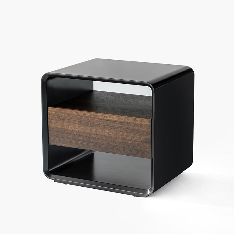 Modern Minimalist Black Lacquer Bedside Table: Wood Veneer Single Drawer - Elegant Open Cubby Storage Nightstand For Bedroom Lumendat