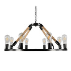 Industrial Circular Black Metal 6/8 Light Hemp Rope Hanging Chandeliers BulbSquare