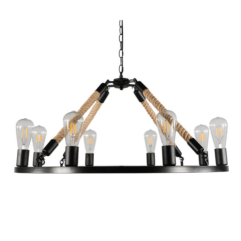 Industrial Circular Black Metal 6/8 Light Hemp Rope Hanging Chandeliers BulbSquare