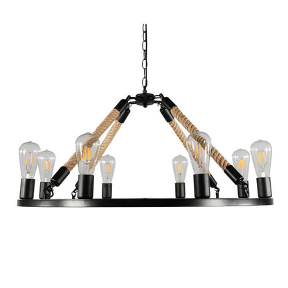 Industrial Circular Black Metal 6/8 Light Hemp Rope Hanging Chandeliers