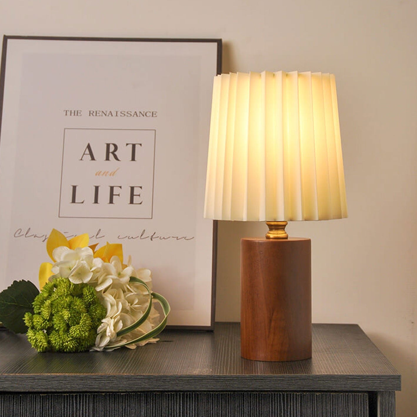 Vintage Korean Pleated Column Solid Wood Base 1-Light Table Lamp Lumendat