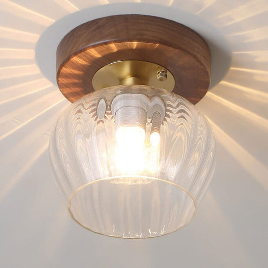 Modern Dome Glass Wooden Base 1-light Semi-flush Mount Ceiling Light