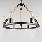 Industrial Circular Black Metal 6/8 Light Hemp Rope Hanging Chandeliers BulbSquare