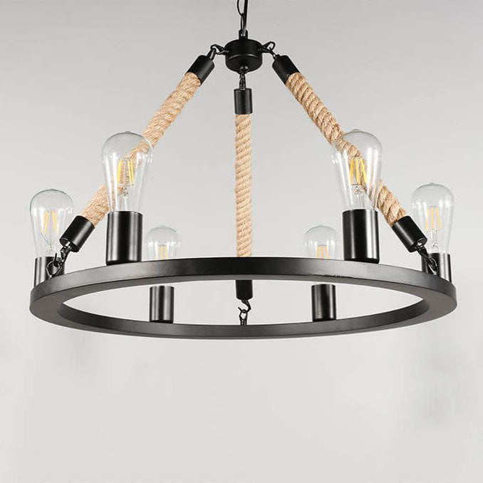 Industrial Circular Black Metal 6/8 Light Hemp Rope Hanging Chandeliers BulbSquare