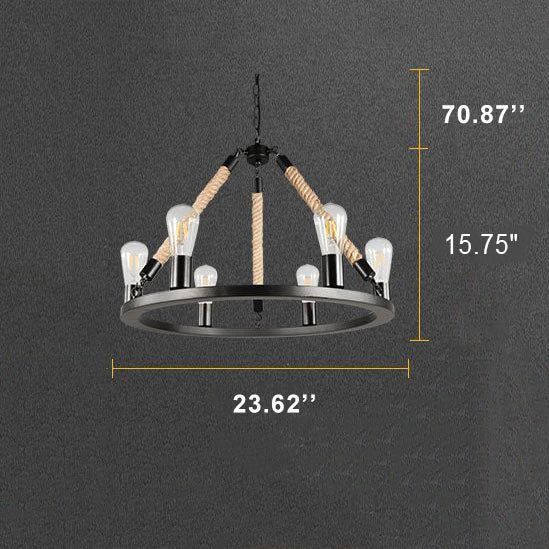 Industrial Circular Black Metal 6/8 Light Hemp Rope Hanging Chandeliers BulbSquare