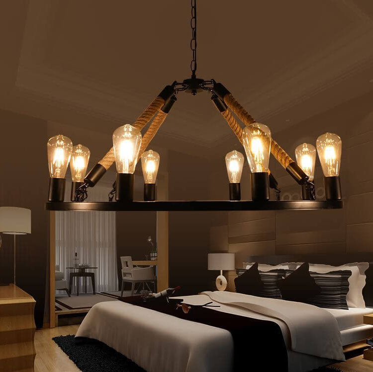 Industrial Circular Black Metal 6/8 Light Hemp Rope Hanging Chandeliers BulbSquare