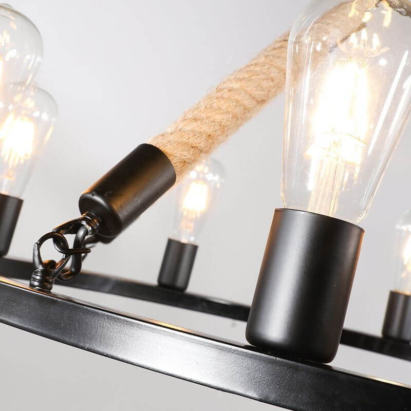 Industrial Circular Black Metal 6/8 Light Hemp Rope Hanging Chandeliers BulbSquare