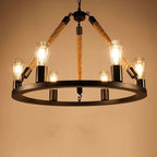 Industrial Circular Black Metal 6/8 Light Hemp Rope Hanging Chandeliers BulbSquare