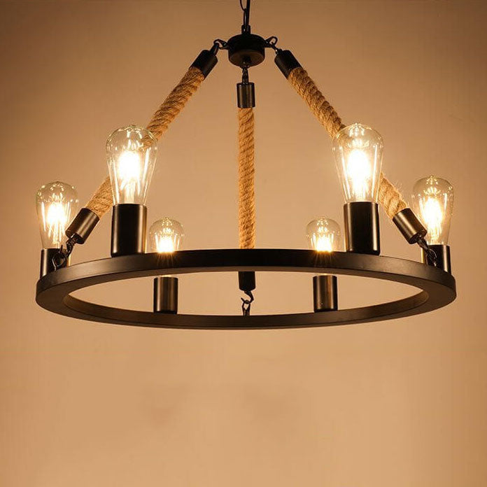 Industrial Circular Black Metal 6/8 Light Hemp Rope Hanging Chandeliers BulbSquare