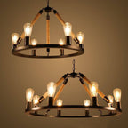Industrial Circular Black Metal 6/8 Light Hemp Rope Hanging Chandeliers BulbSquare