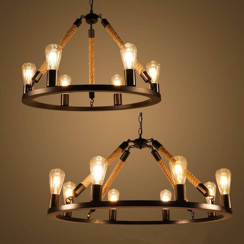 Industrial Circular Black Metal 6/8 Light Hemp Rope Hanging Chandeliers BulbSquare
