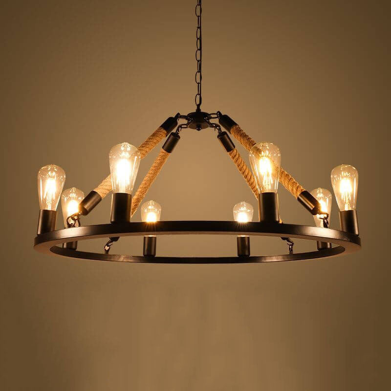 Industrial Circular Black Metal 6/8 Light Hemp Rope Hanging Chandeliers BulbSquare
