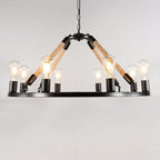 Industrial Circular Black Metal 6/8 Light Hemp Rope Hanging Chandeliers BulbSquare