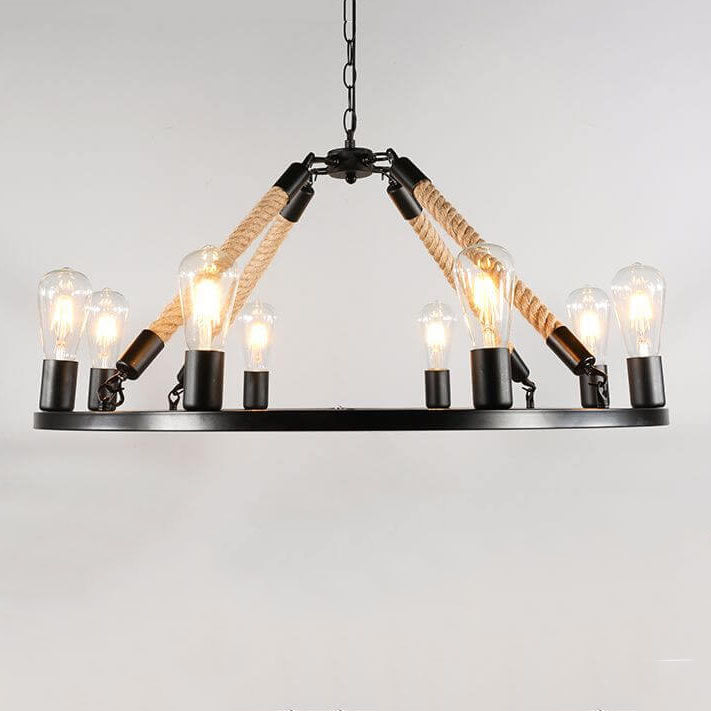 Industrial Circular Black Metal 6/8 Light Hemp Rope Hanging Chandeliers BulbSquare