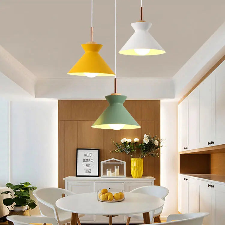 Contemporary Nordic Oak Wood Iron Bell Cone Dome 1-light Pendant Light for Living Room Lumendat