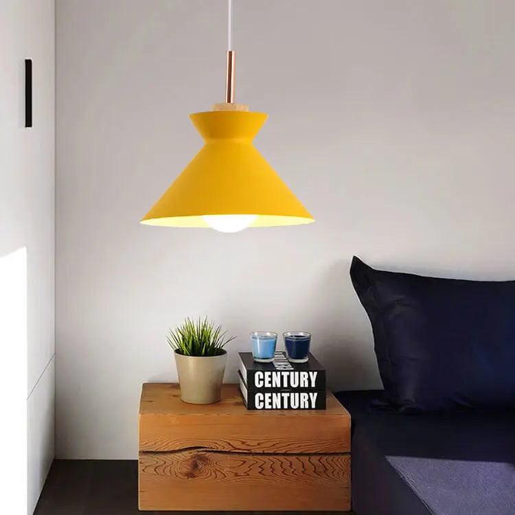 Contemporary Nordic Oak Wood Iron Bell Cone Dome 1-light Pendant Light for Living Room Lumendat
