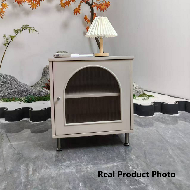 Contemporary Scandinavian Ribbed Glass Door Bedside Table - Semi-Transparent Nightstand For Bedroom Lumendat