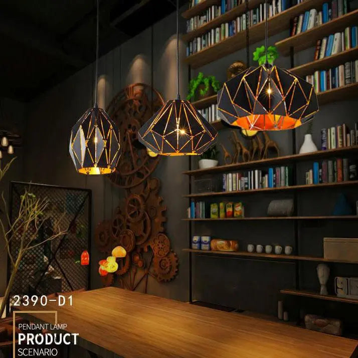Vintage Wrought Iron Geometric Diamond Pendant Light BulbSquare