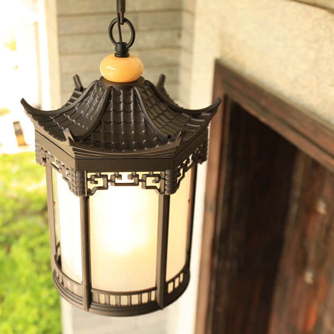 Retro Chinese Outdoor Waterproof Hexagonal Lantern 1-light Patio Pendant Light BulbSquare