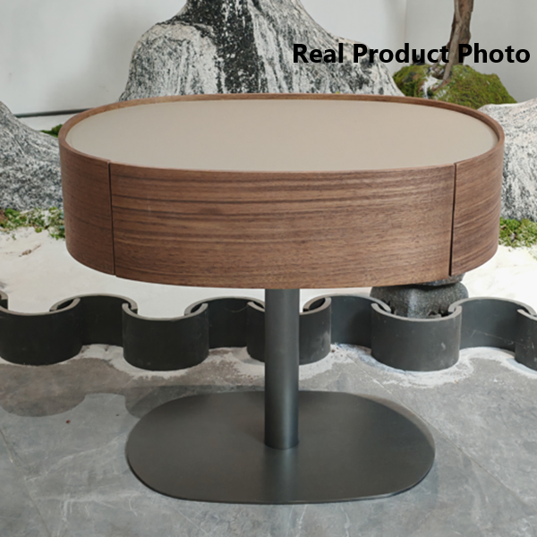 Traditional French Walnut Oval Bedside Table - Saddle Leather Surface 1 Drawer Nightstand For Bedroom Lumendat