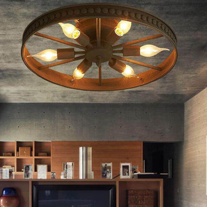 Industrial Wrought Iron Wheel 6-light Flush Mount Lighting