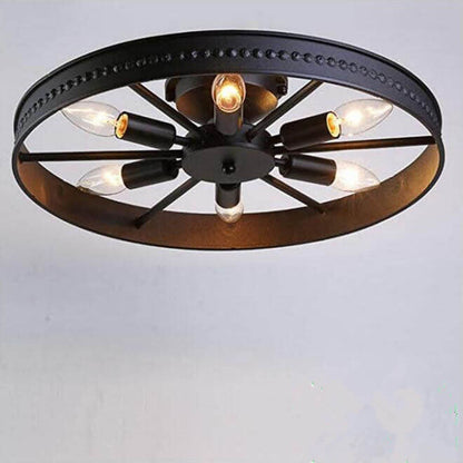 Industrial Wrought Iron Wheel 6-light Flush Mount Lighting