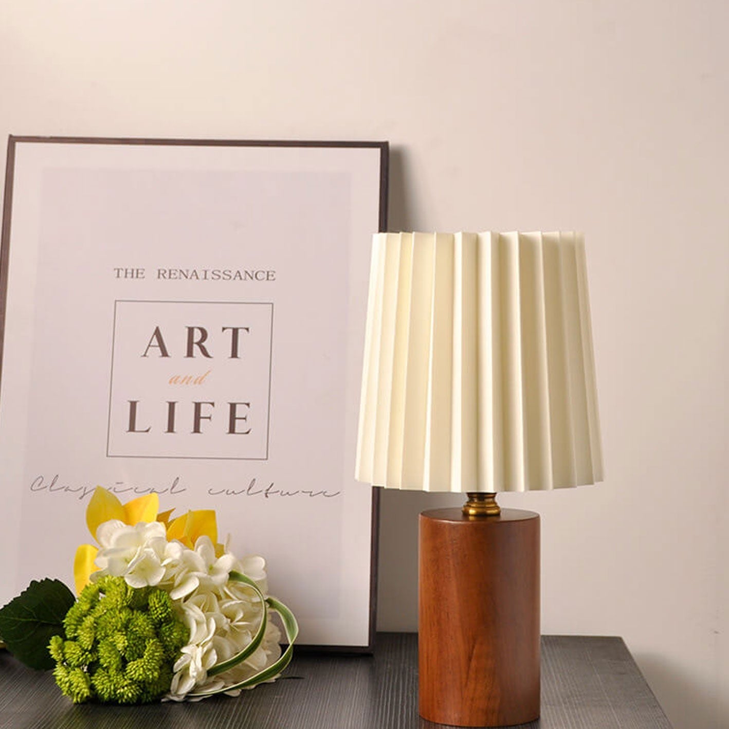 Vintage Korean Pleated Column Solid Wood Base 1-Light Table Lamp Lumendat