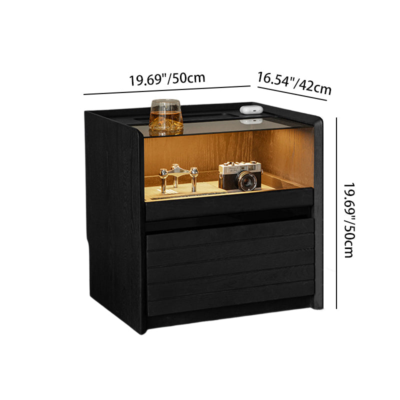 Modern Luxury Solid Plywood Nightstand With Glass Top - End Table With Wireless Charging & LED Sensor Light For Bedroom Storage Lumendat