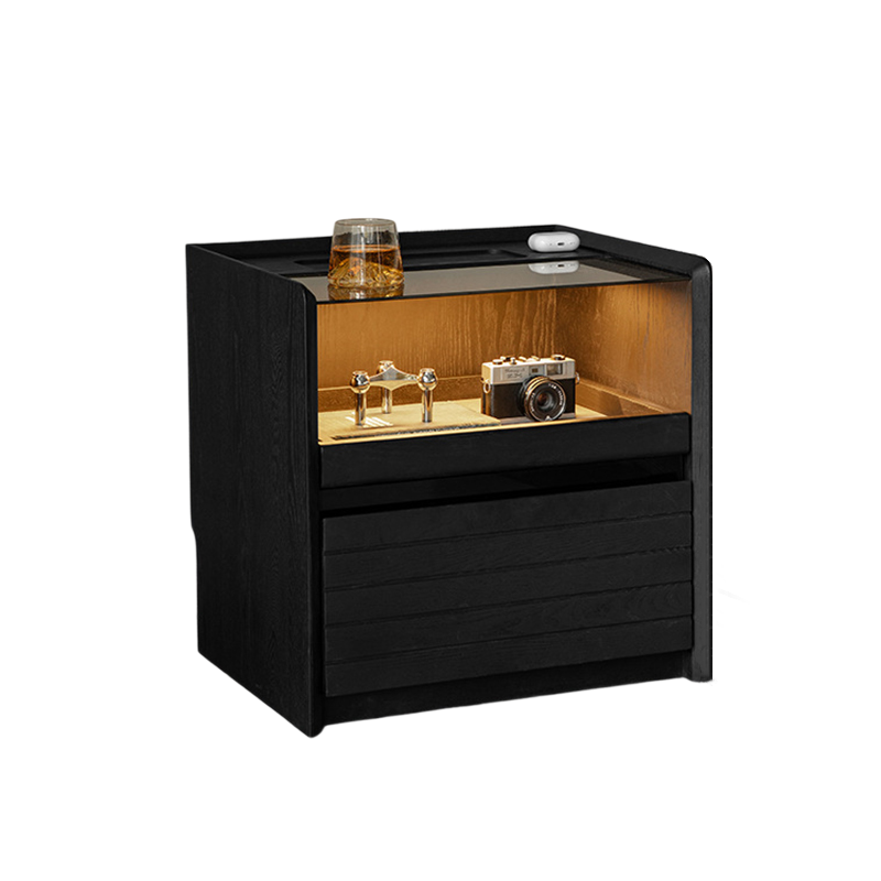 Modern Luxury Solid Plywood Nightstand With Glass Top - End Table With Wireless Charging & LED Sensor Light For Bedroom Storage Lumendat