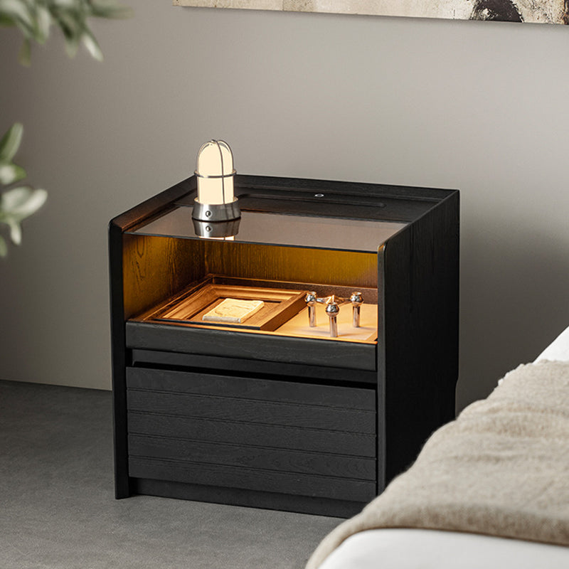 Modern Luxury Solid Plywood Nightstand With Glass Top - End Table With Wireless Charging & LED Sensor Light For Bedroom Storage Lumendat